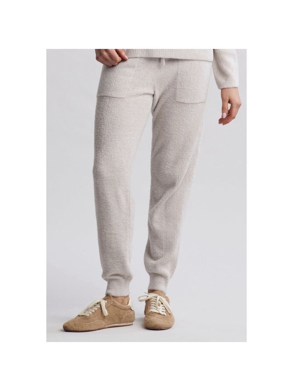 Barefoot Dreams CozyChic Lite Rib Blocked Pant Jogger MED Women Beige $135